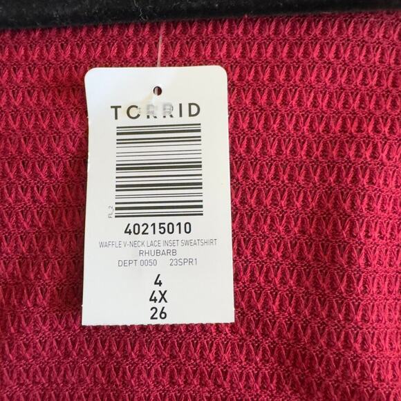 Torrid Waffle V-Neck Lace Inset Sweatshirt Rhubarb Size 4X NEW - Picture 5 of 9